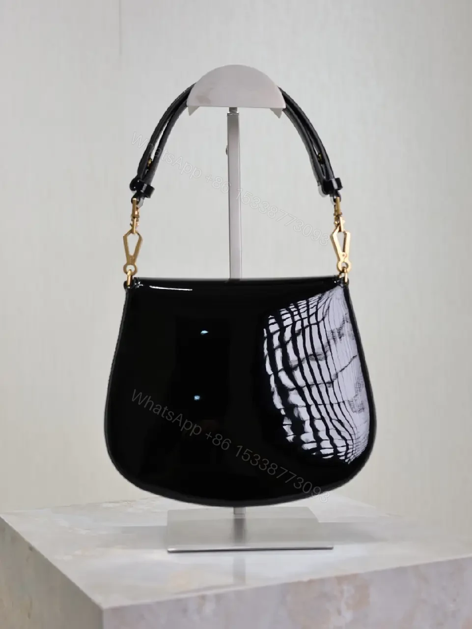 View 9 of Glossy Black Patent Leather Shoulder Bag with Gold Accent