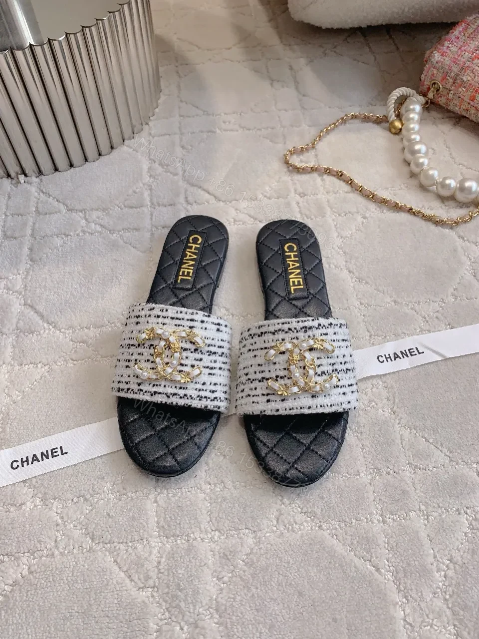View 4 of Quilted Slides with Crystal Emblem - Luxe Everyday Comfort