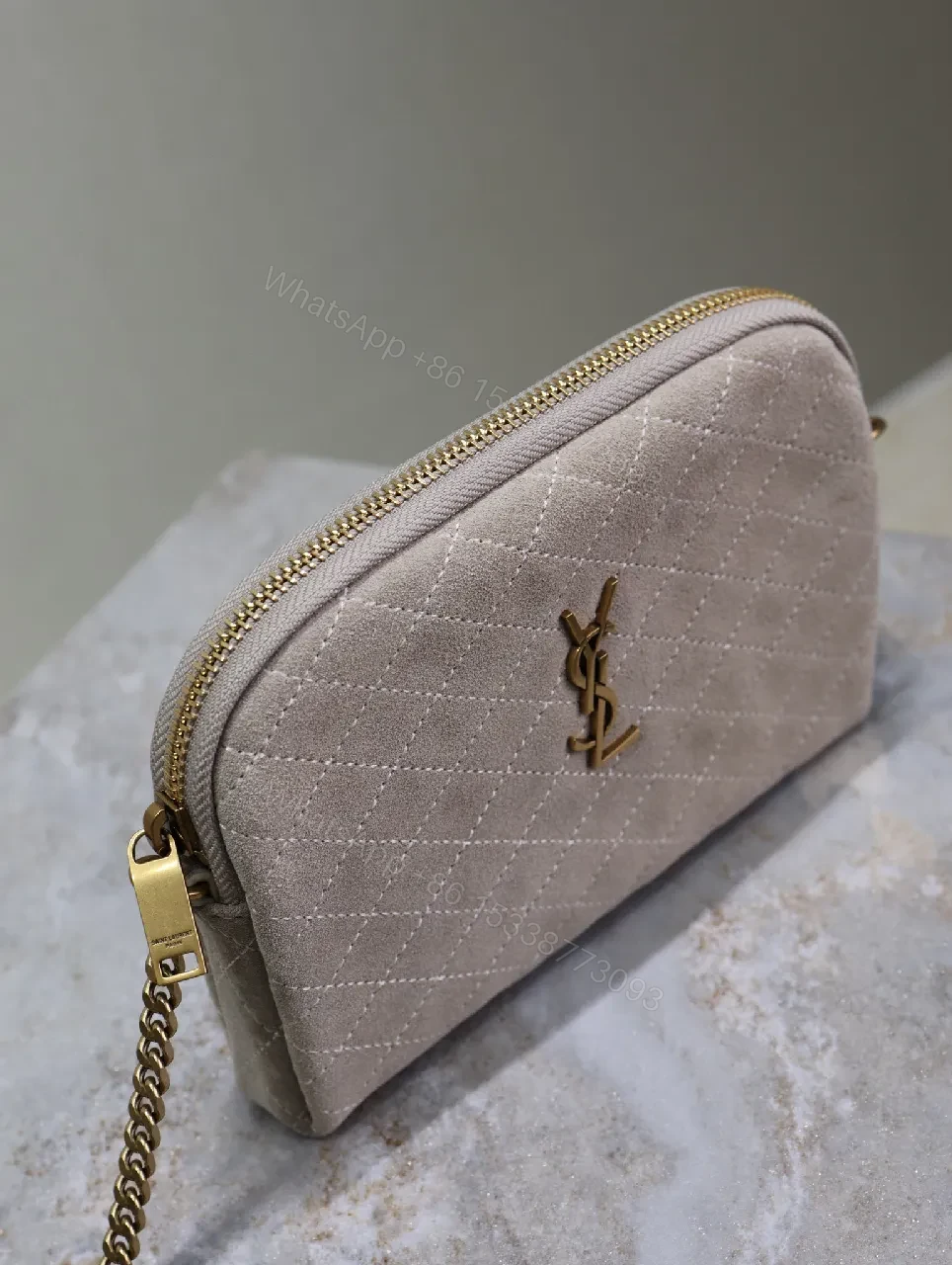 View 3 of Taupe Faux-Suede Quilted Crossbody, Elegant, Compact, Zippered Bag