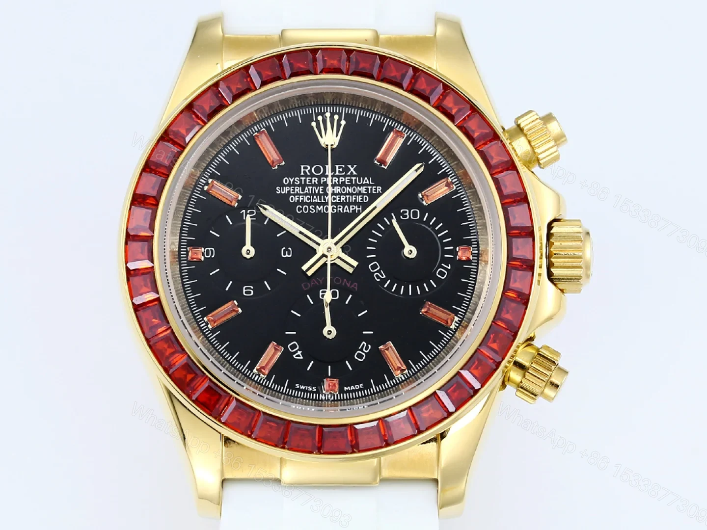 View 2 of Rolex Daytona Ruby Replica 43MM Exclusive Gold Case White Rubber Strap Edition RG-ROLEX-DAYTONA-RUBY-43