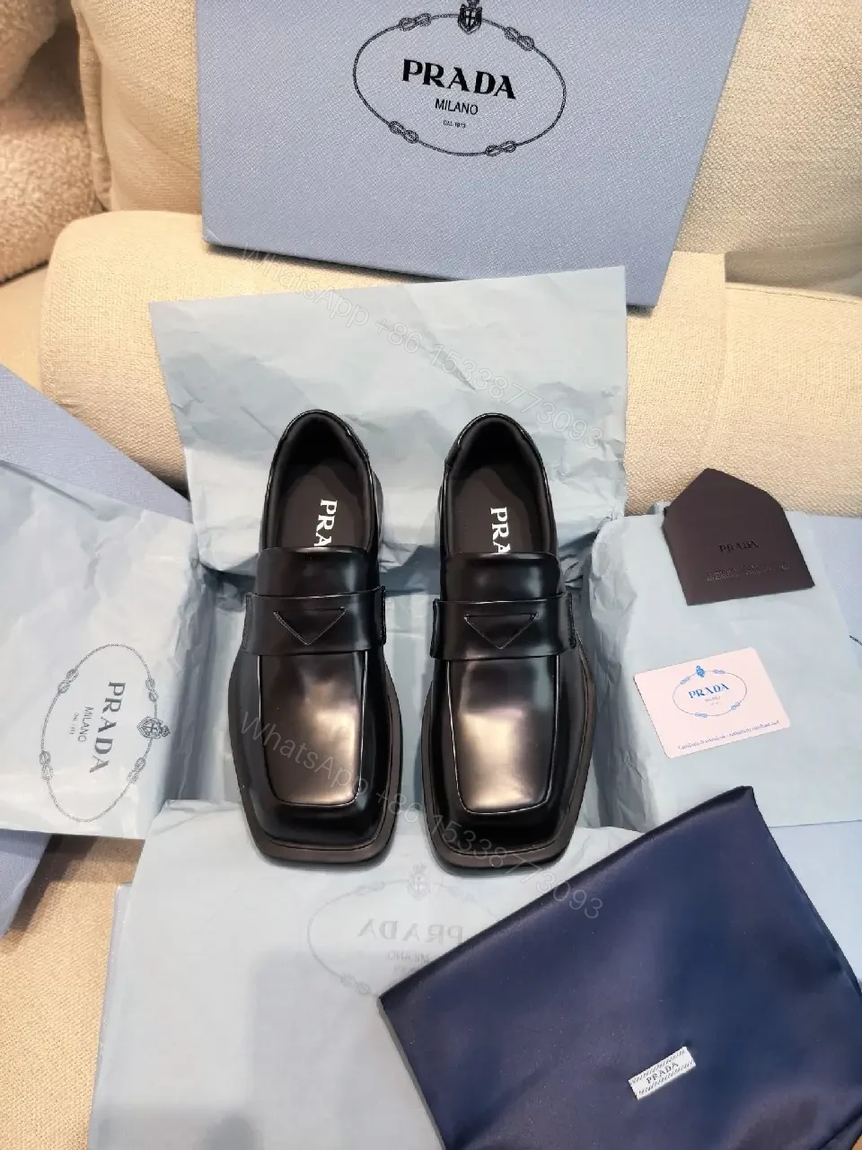 View 8 of Black Leather Prada Muffin-Style Loafers - Minimalist Square Toe
