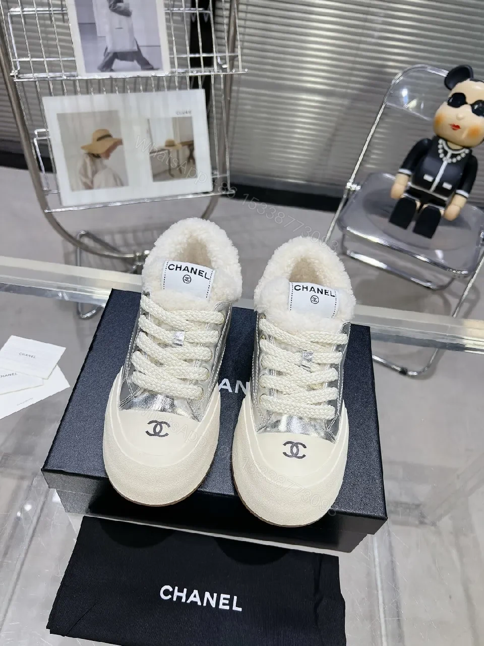 White Wool-Trimmed Metallic-Panel Luxe Sneakers — view 1