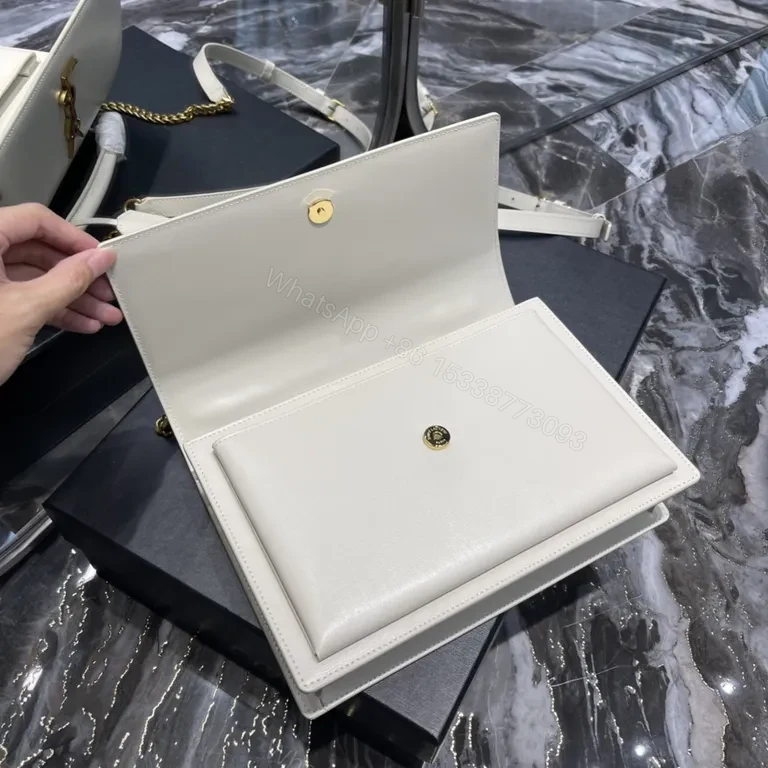 View 8 of Structured Leather Crossbody: White & Gold, YSL Emblem, Compact Luxury Bag