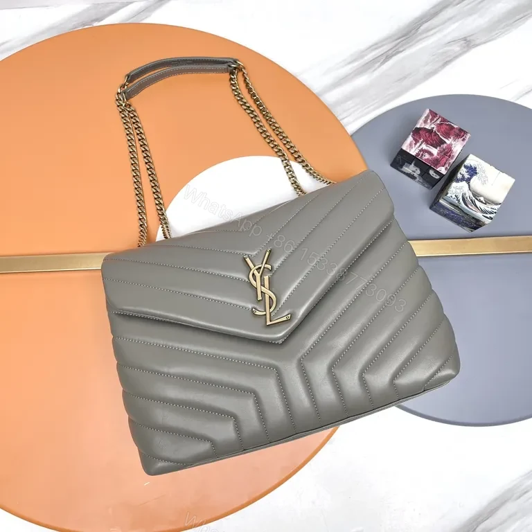 Chic Quilted Gray Leather Flap Bag with YSL Gold Monogram — view 1