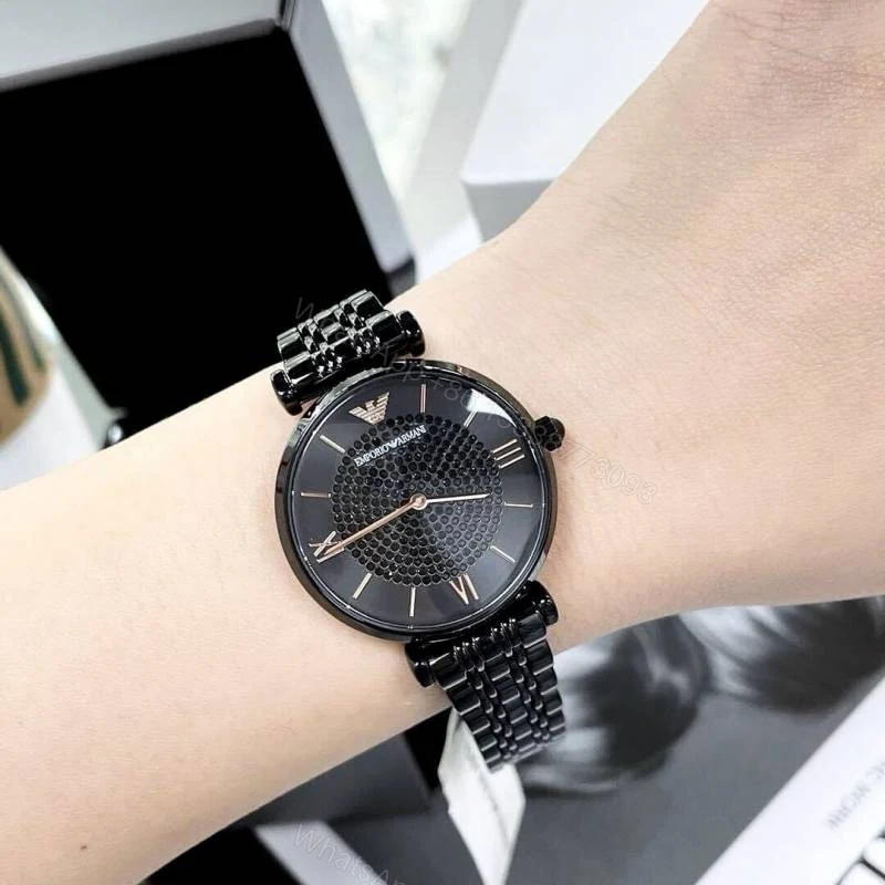 First Copy Emporio Armani Black Ceramic Full Diamond Dial Women’s Analog Watch — view 1