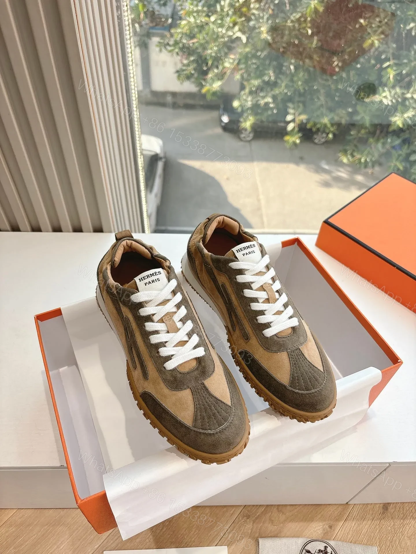 View 3 of Hermes Women Brown Suede Sneakers