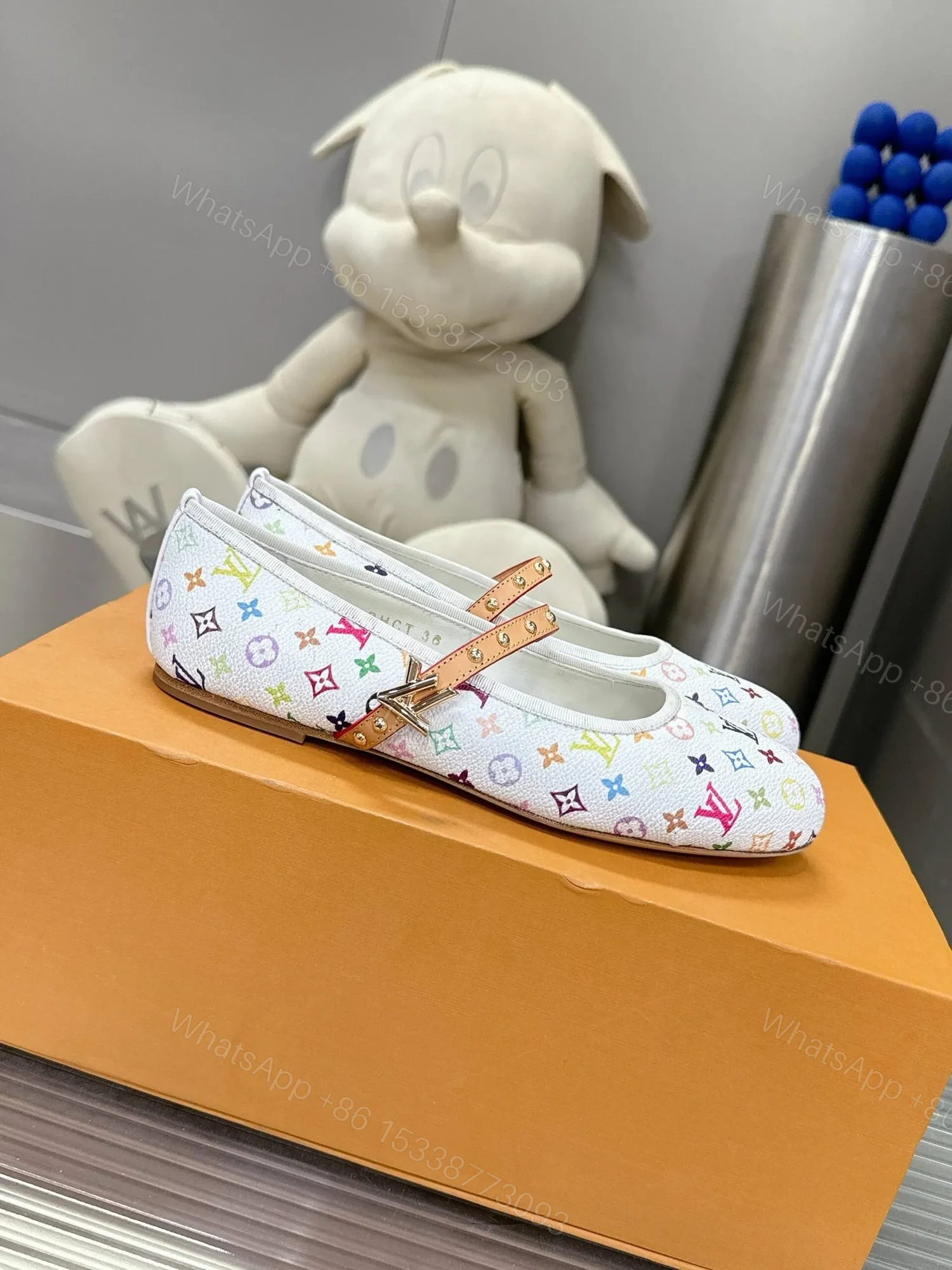 View 3 of LV Women White Canvas Multicolor Print Leather Strap Flats
