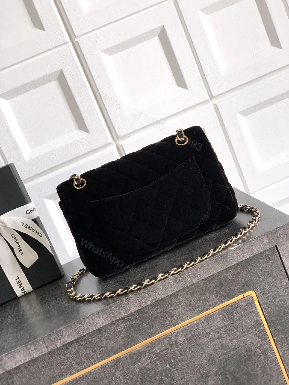 View 3 of Chic Black Velvet Shoulder Bag with Gold Chain Consensus