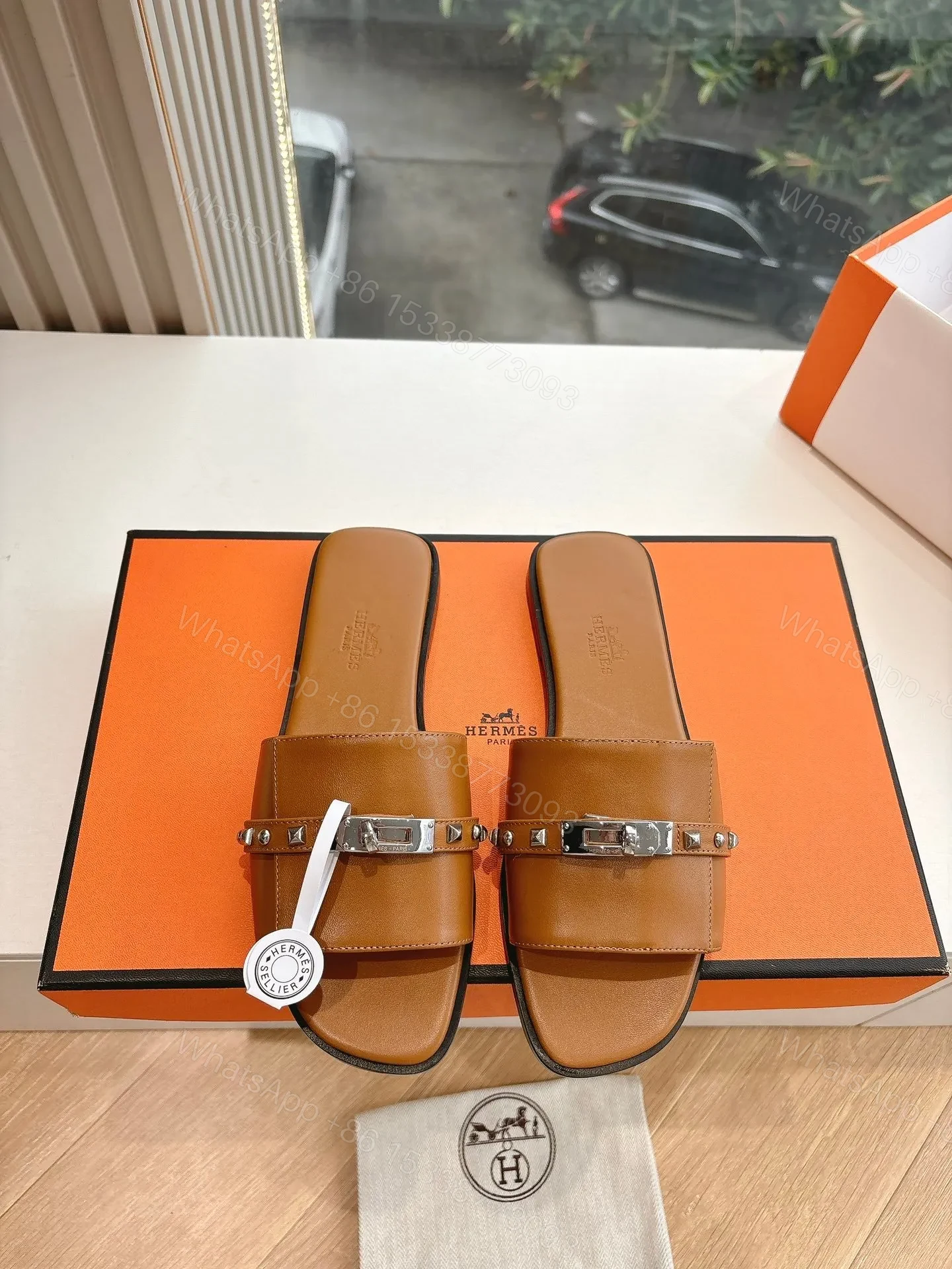 Hermes Women Brown Leather Slide Sandals — view 1