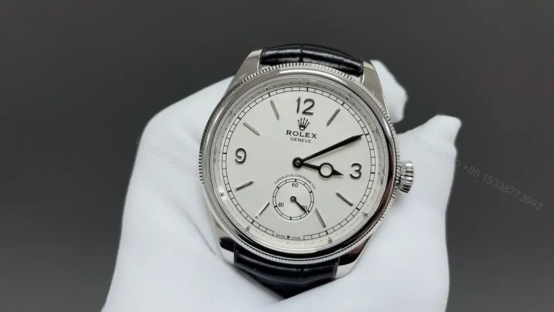 View 3 of Premium Rolex 1908 White Gold replica 39MM White Dial Black Leather Strap Edition RLX-1908-WHITE-GOLD-39MM-WHITE-DIAL-BLACK