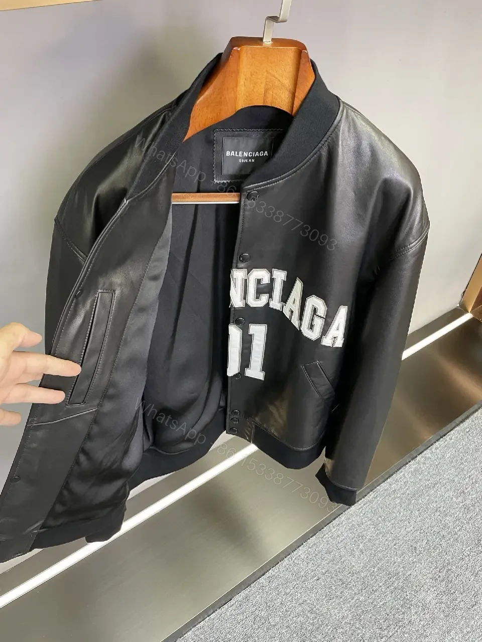 View 4 of Bold Leather-Backed Varsity Jacket with Script Detail