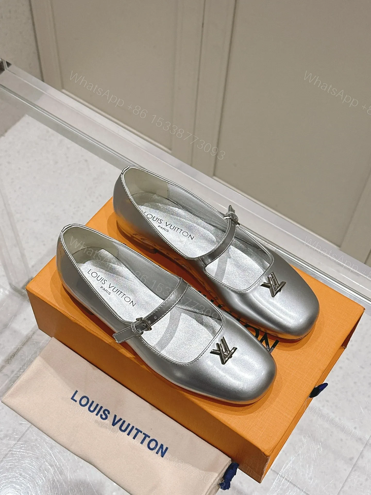 View 3 of LV Women Silver Leather Mary Jane Flats