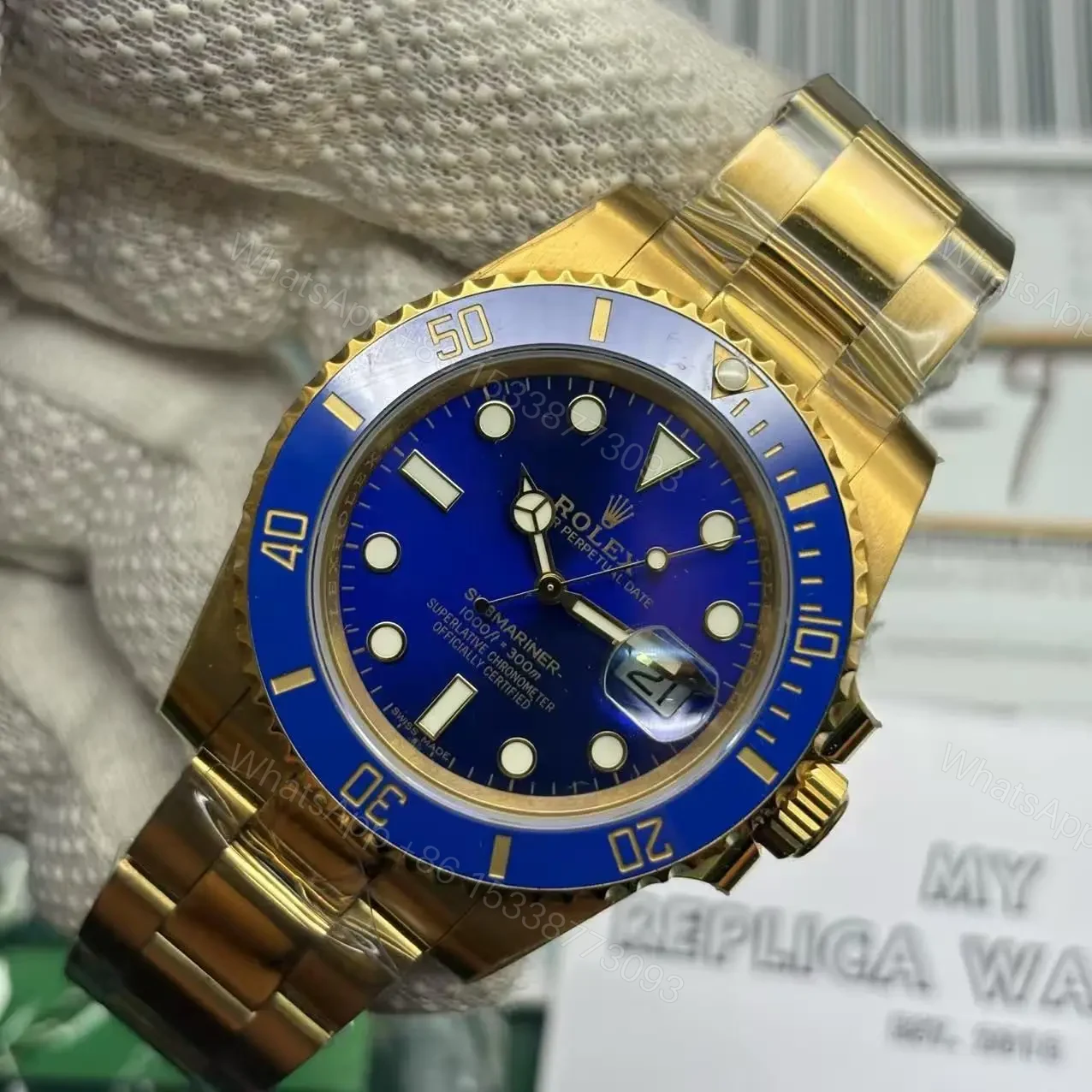 View 4 of Rolex Submariner Full Gold Blue Dial Swiss Clone Replica