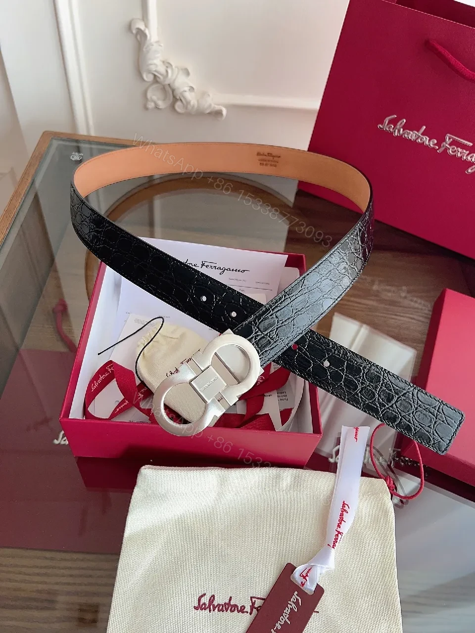 View 5 of Nude Leather Croc-Texture Belt with Matte Hardware