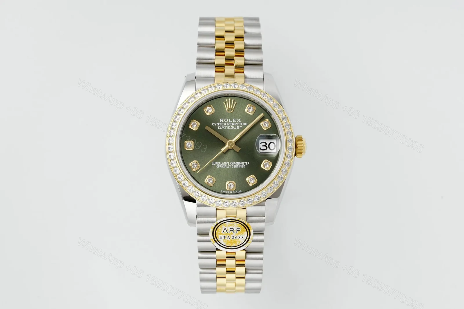 Rolex Datejust Diamond Olive Green Dial Yellow Gold Diamond Bezel 36mm RLX-DJ-DIA-OLV36 — view 1