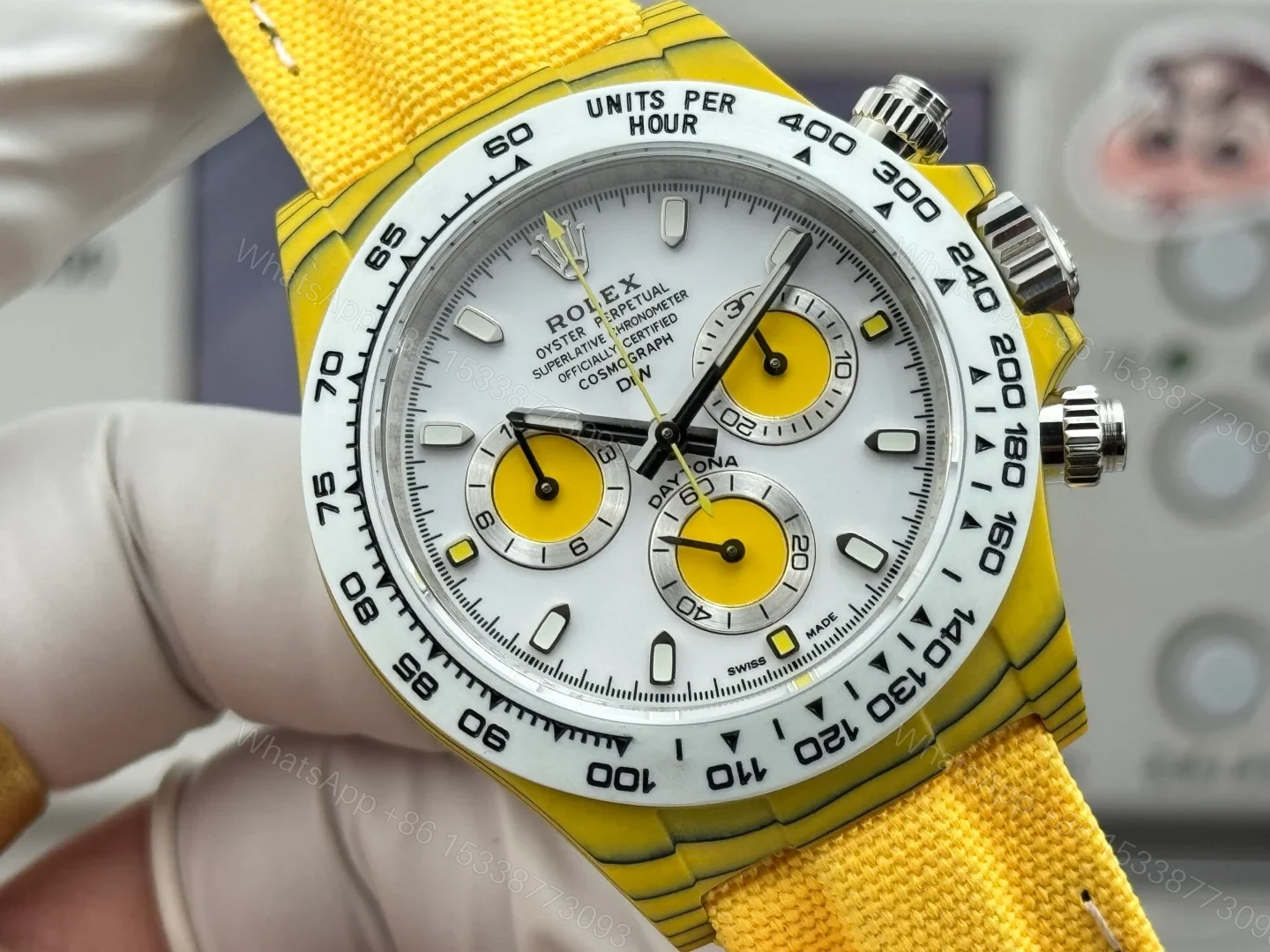 View 4 of Rolex Daytona Yellow Carbon Fiber Replica 40MM Premium White Dial Yellow Fabric Strap RG-DAYTONA-YELLOW-CF-40