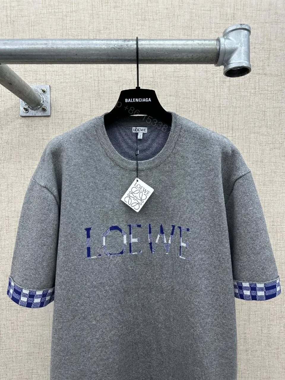 View 7 of Grey Knit Dress with Logo & Gingham Cuffs - Luxe Streetwear Style