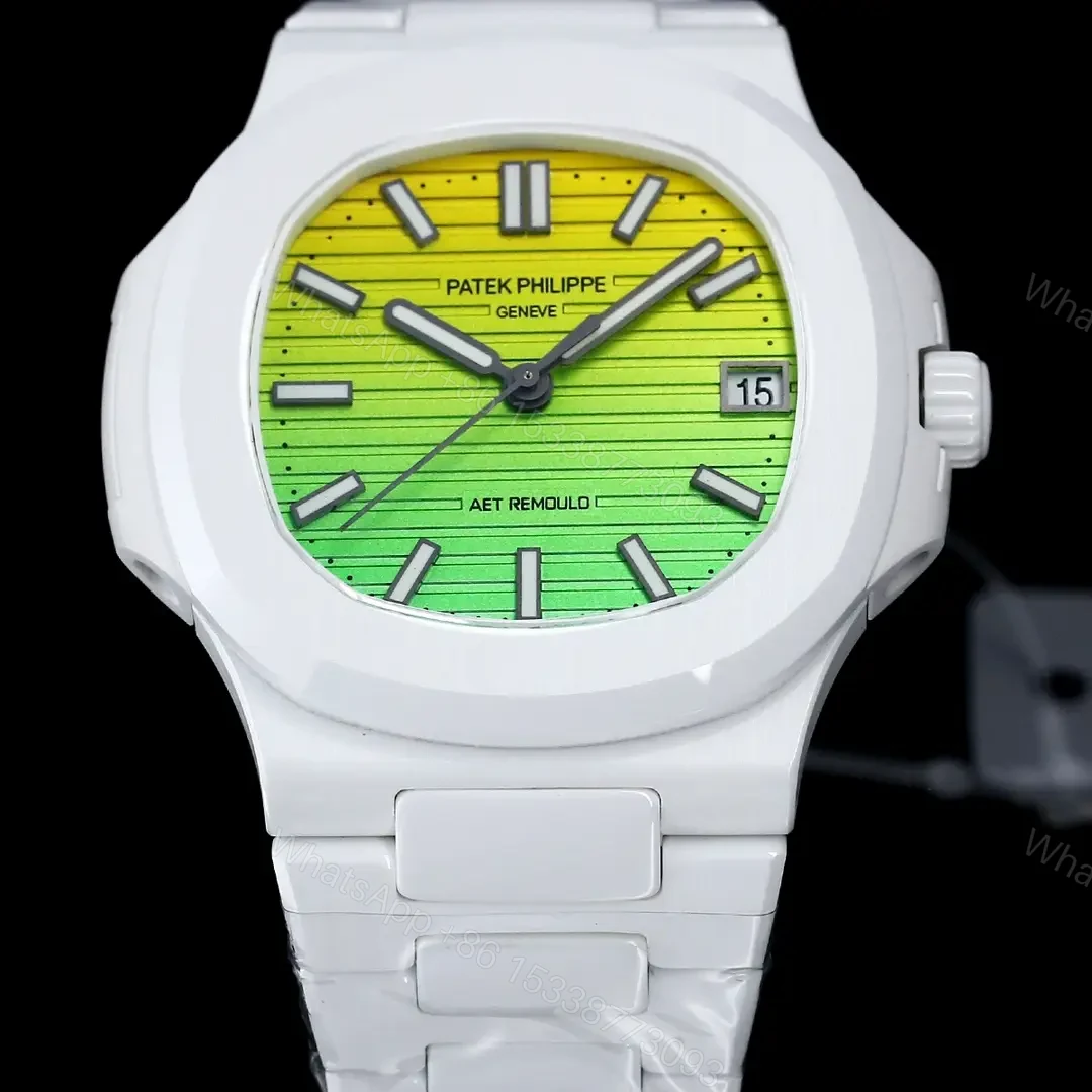 View 4 of Patek Philippe Green Yellow Nautilus Watch White Ceramic Bracelet Ultimate 40MM PP-NAU-GRN-YEL-WCER40