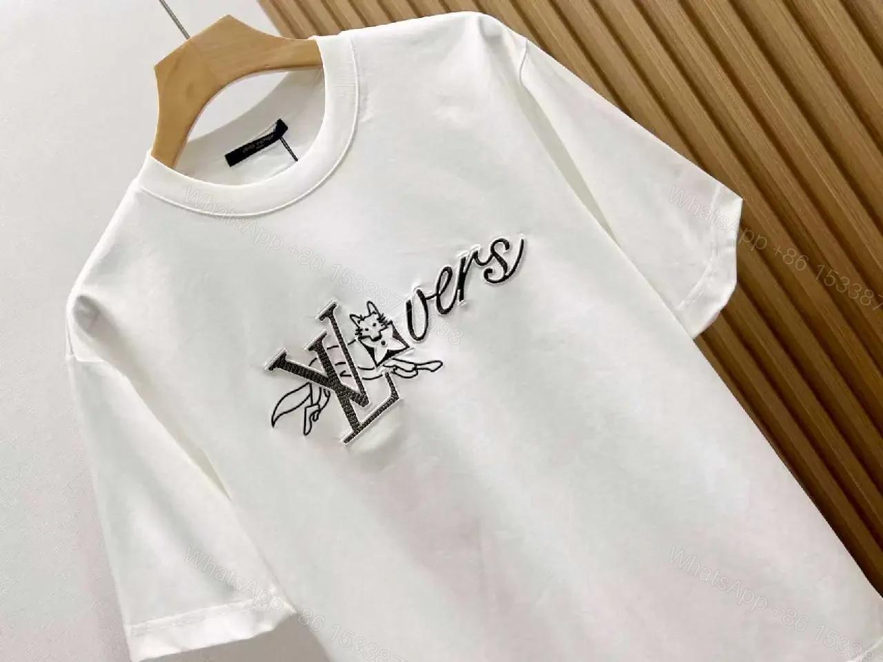 View 3 of White Cotton Crewneck Tee with LV-Inspired Embroidery, Casual Luxe Tee