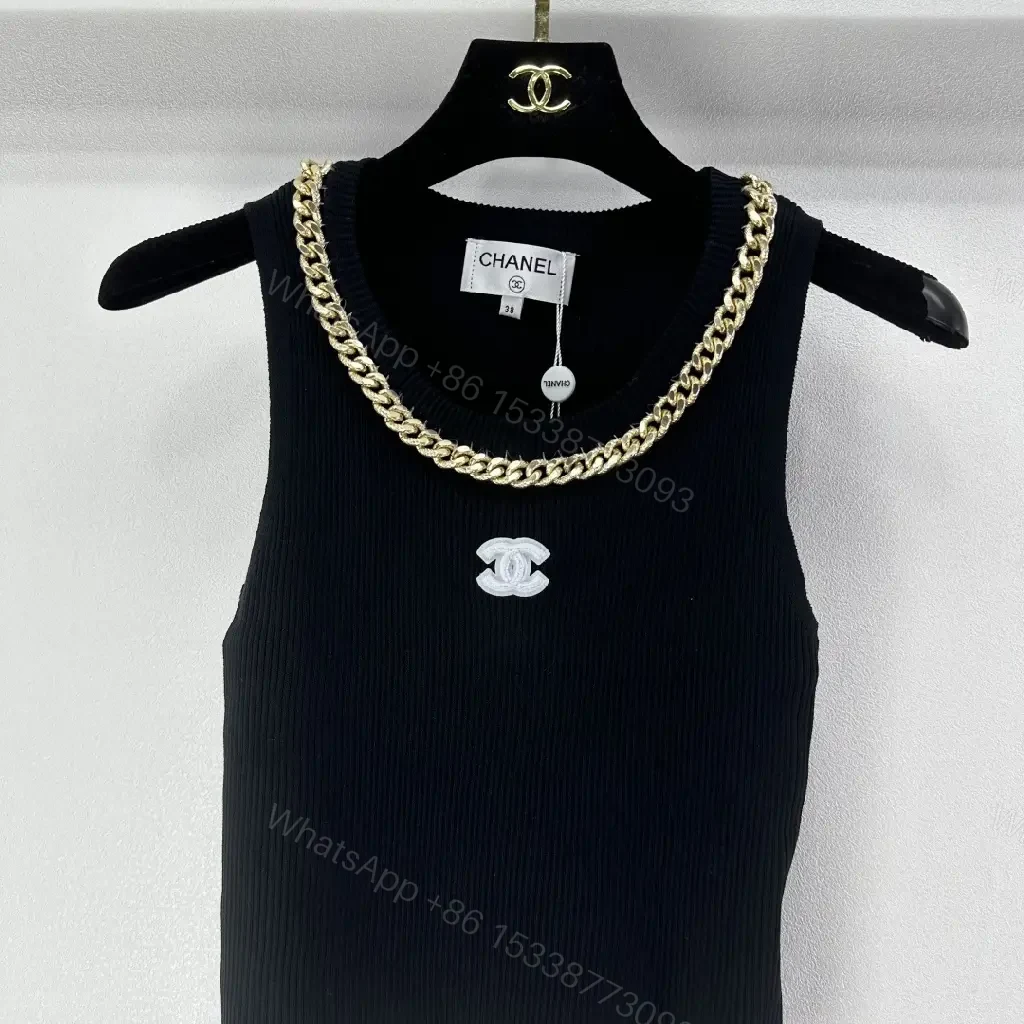 View 7 of Black Knit Tank with Gold Chain - Luxe Statement Top