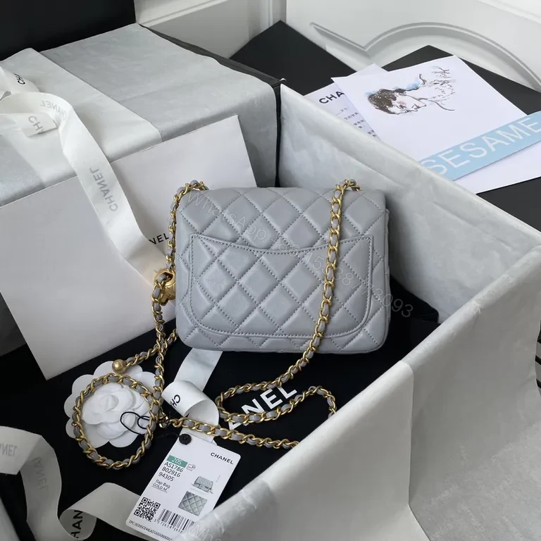 View 8 of Quilted Gray Crossbody: Gold Chain, Chanel-Style Elegance