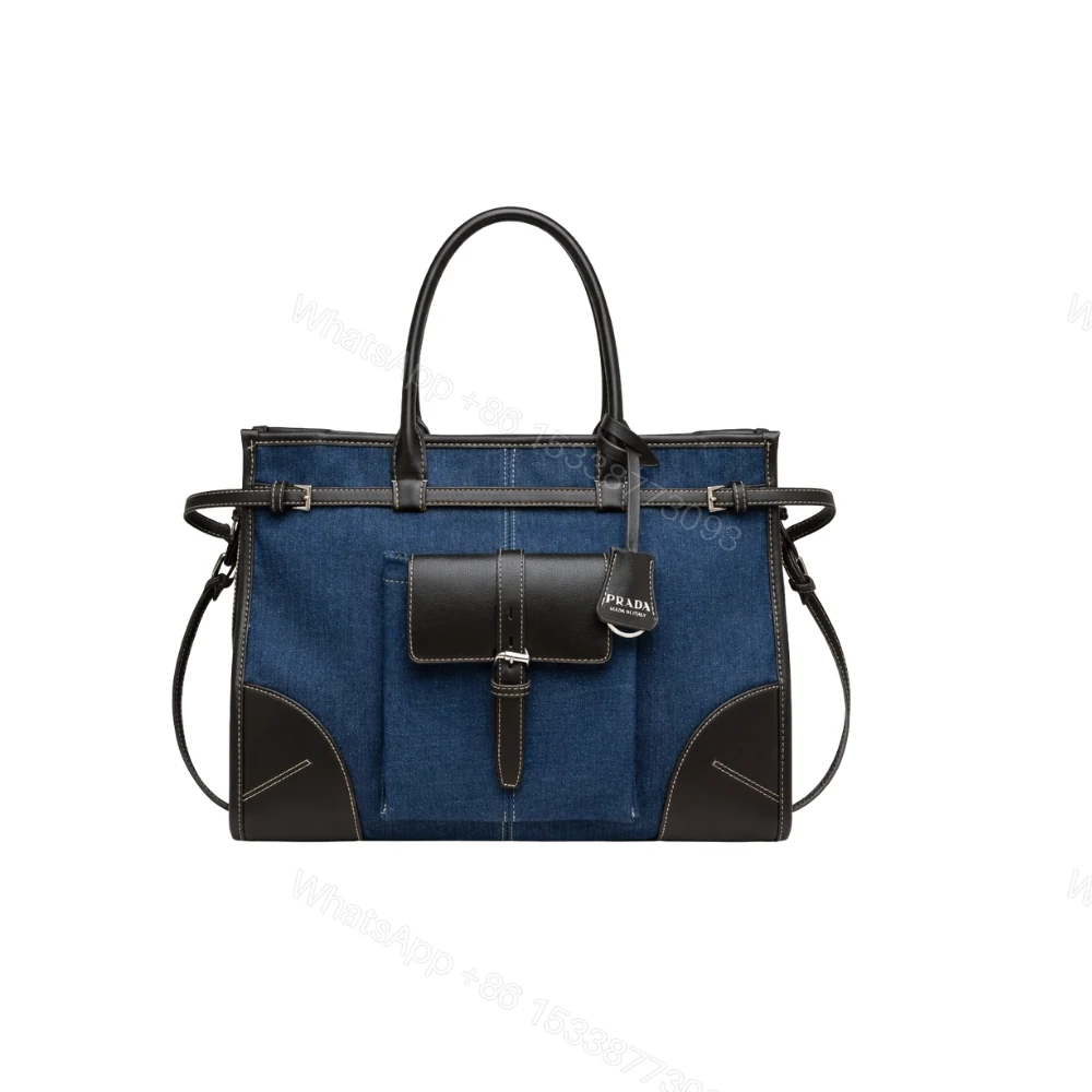 Prada Bonnie Denim and Brown Leather Tote Bag with Buckle Detail 38cm — view 1
