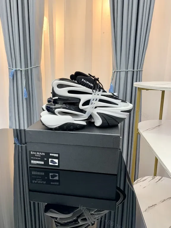 View 9 of Black Leather Knit Balmain-Style High-Top Sneakers with Plush Comfort