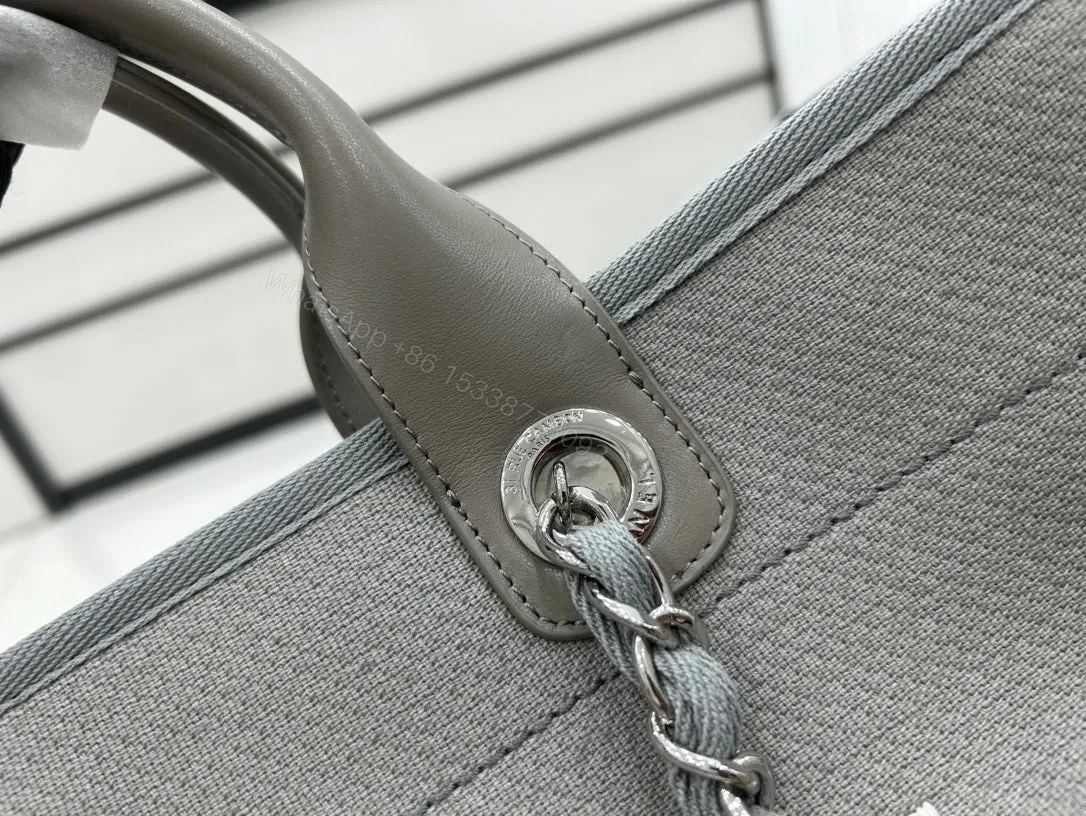 View 4 of CHANEL CC DEAUVILLE LARGE 38 TOTE BAG IN GREY CANVAS WITH WHITE LOGO