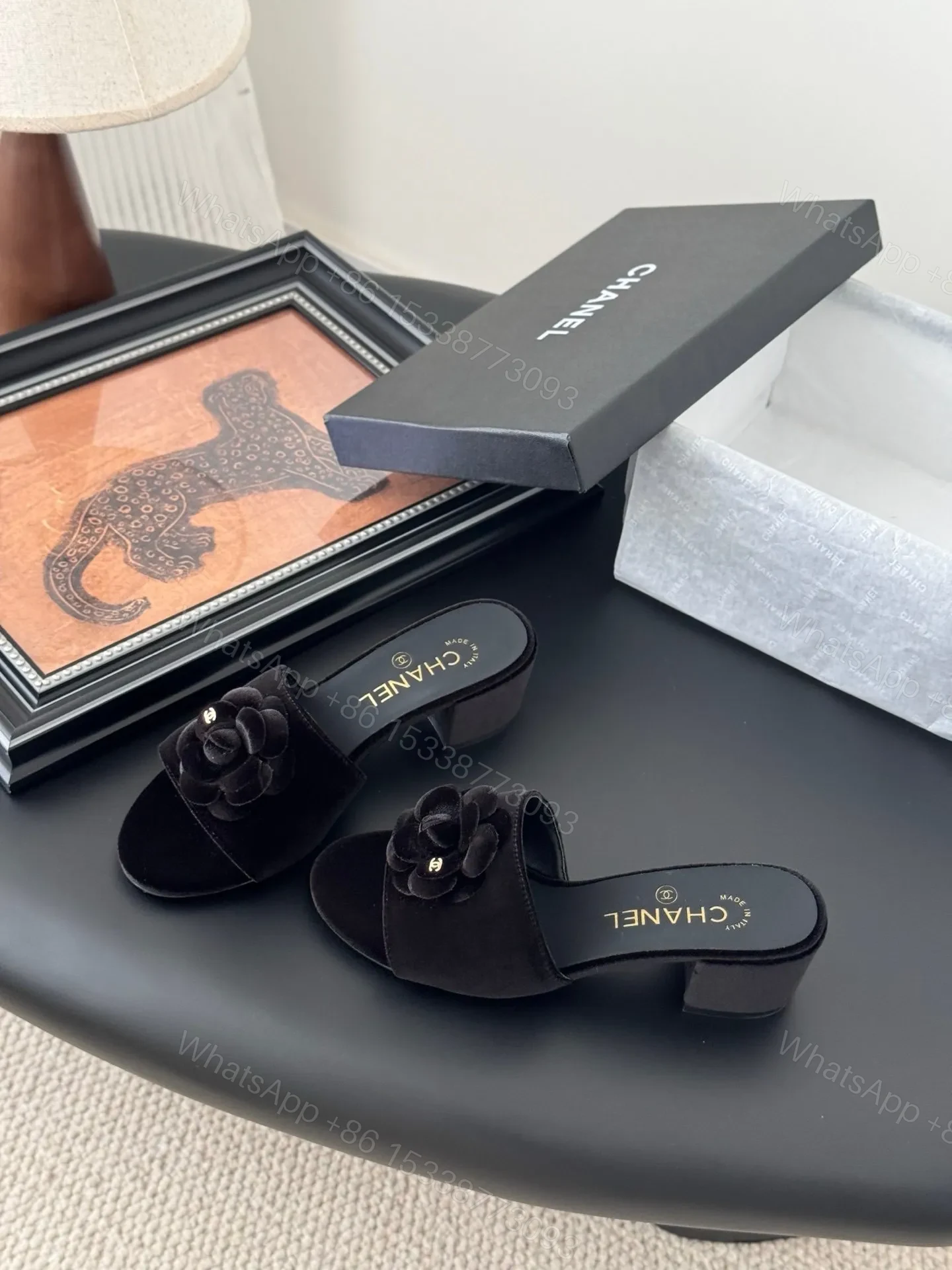 View 2 of Chanel Women Black Velvet Flower Embellished Mules