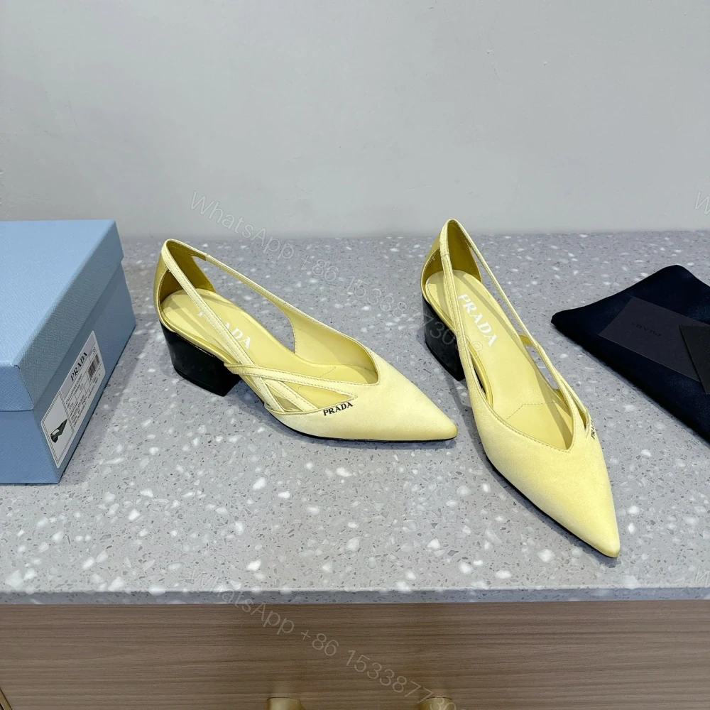 View 2 of 高仿Prada*1I747D尖頭粗跟高踭鞋5.5CM緞面黃色免檢版