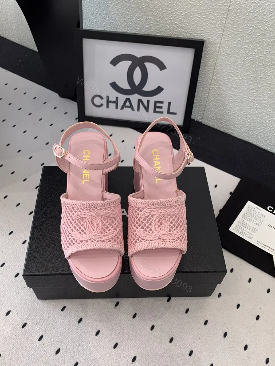 View 5 of Pink Knit-strap Platform Sandals with Pave Textured Sole