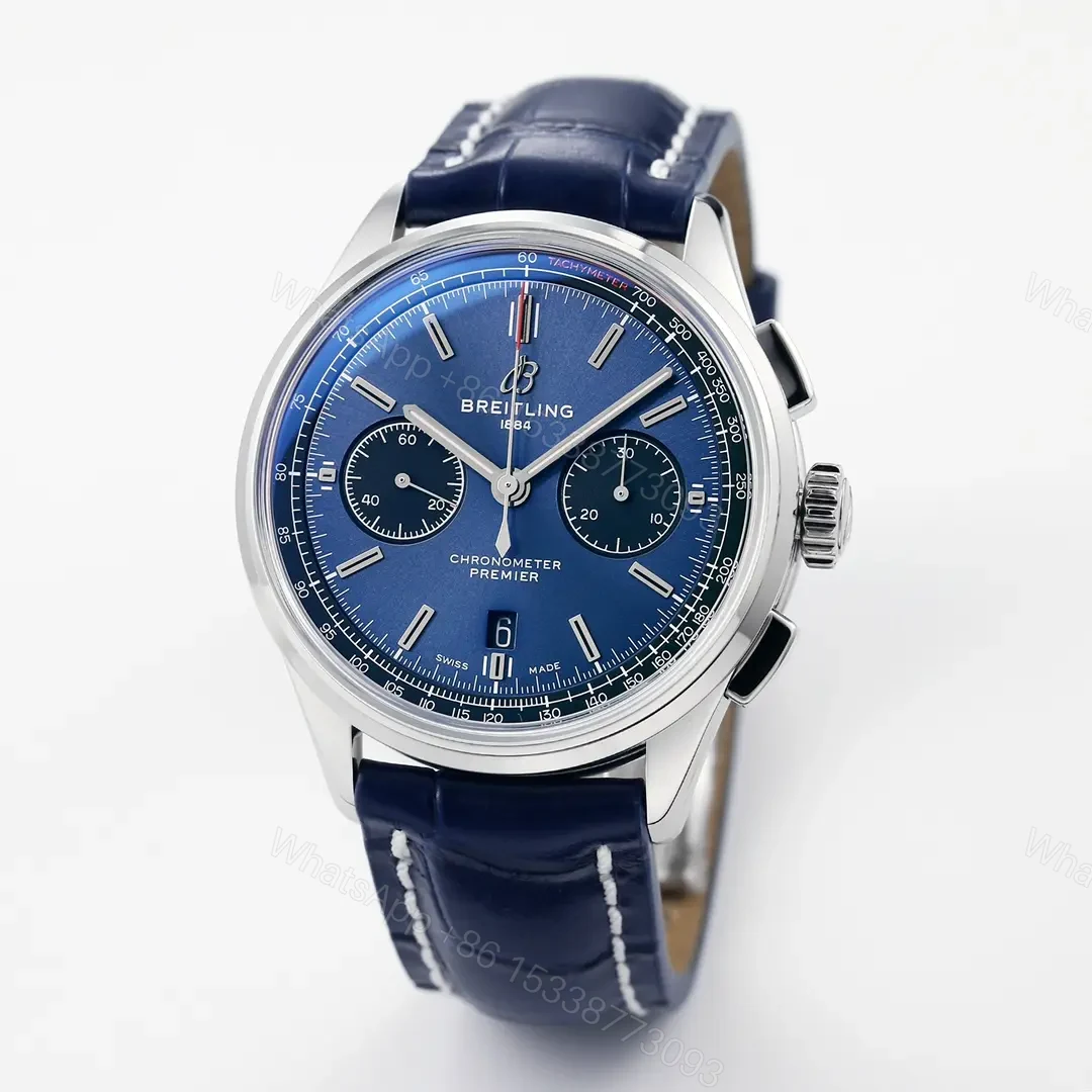 View 2 of GF Factory Breitling Premier B01 Chronograph – Blue Dial, Stainless Steel Case, Leather Strap