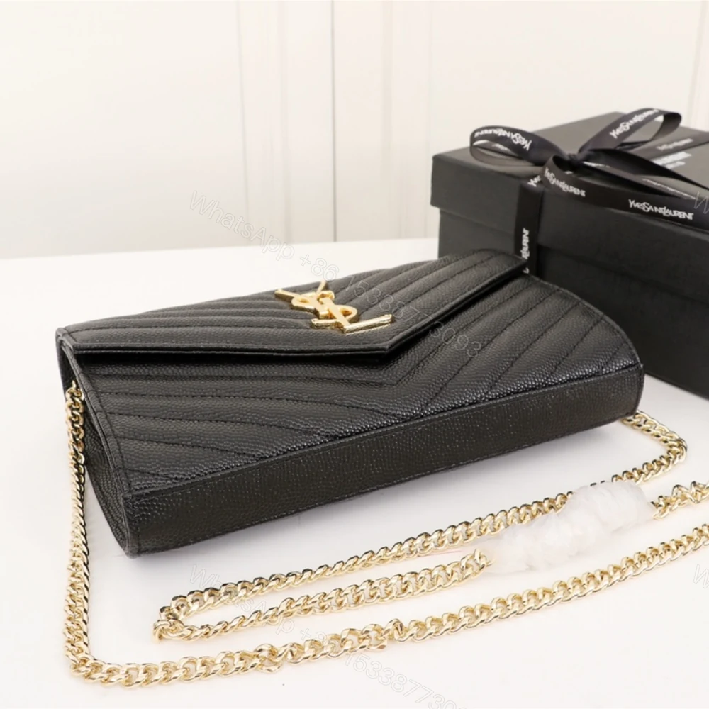 View 5 of Saint Laurent Cassandre Matelassé Chain Wallet In Grain De Poudre Embossed Black Gold 22Cm