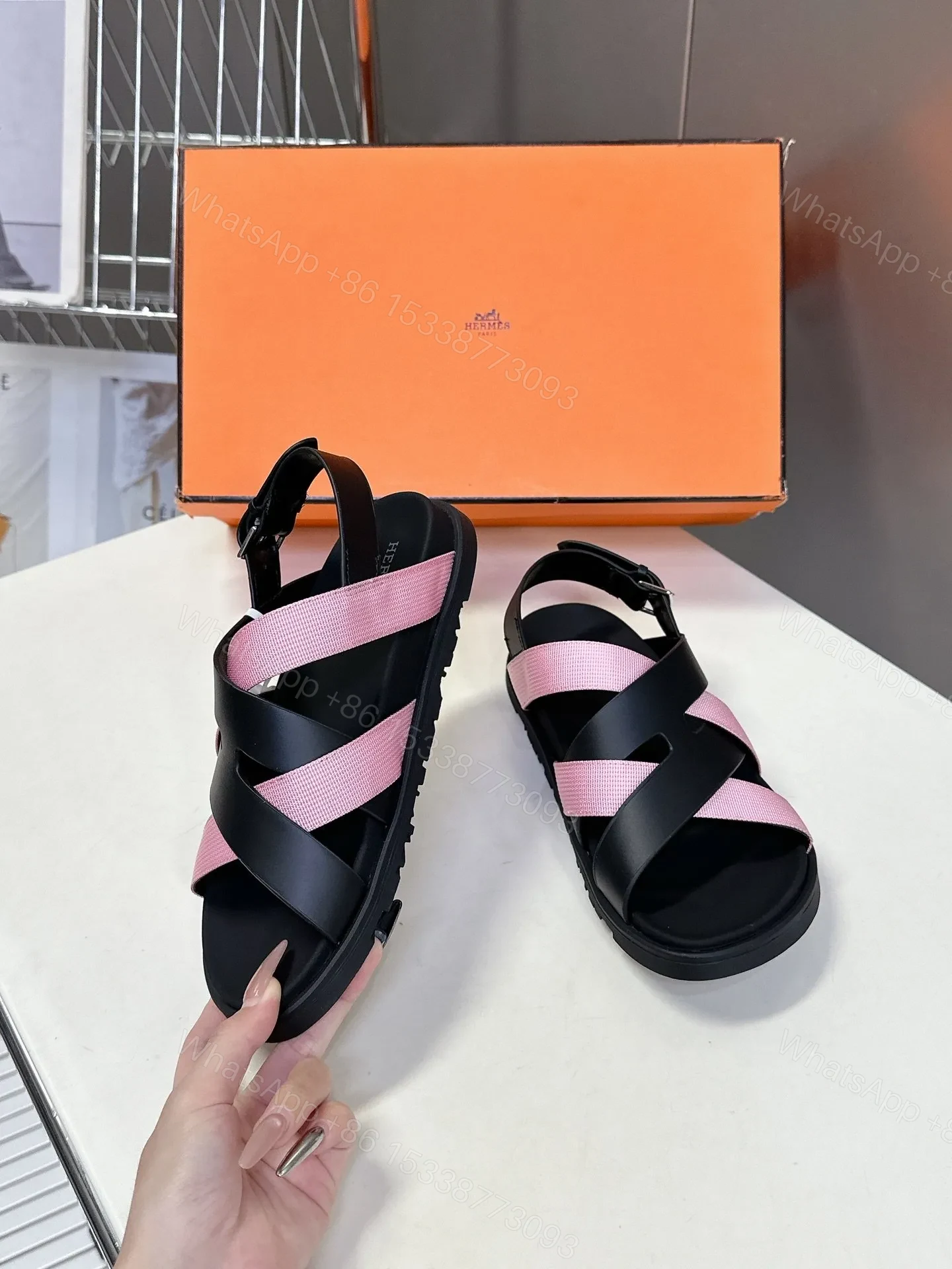 View 5 of Hermes Women Black Pink Leather Strappy Sandals