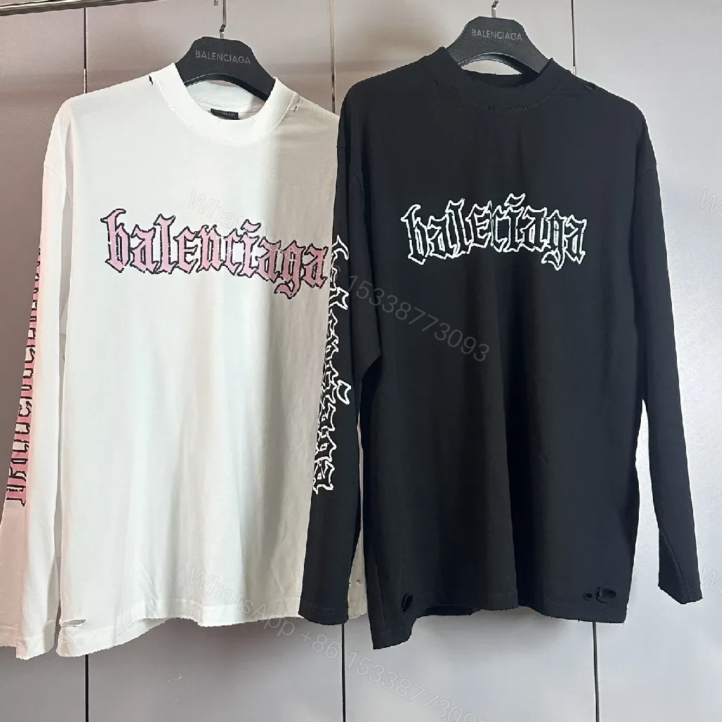 View 5 of White Cotton Blend Tee, Balenciaga-Inspired Graphic, Long Sleeve Tee