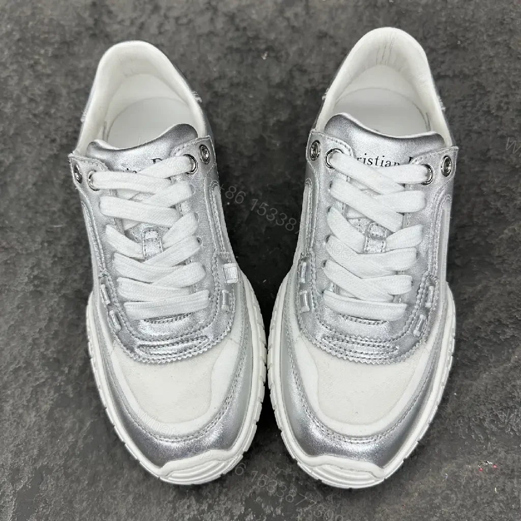 View 4 of Silver Metallic Leather Trainers with Mesh Panels, Chunky Sole, Dior-Style Motif Sneaker