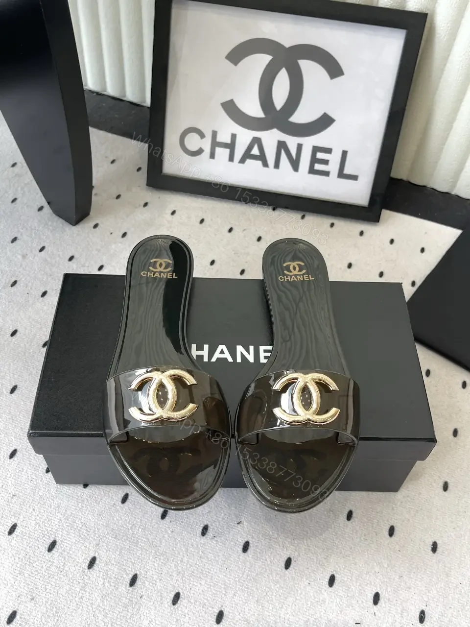 View 10 of Black Patent Leather Slides Gold Chanel Logo - Slide Sandals