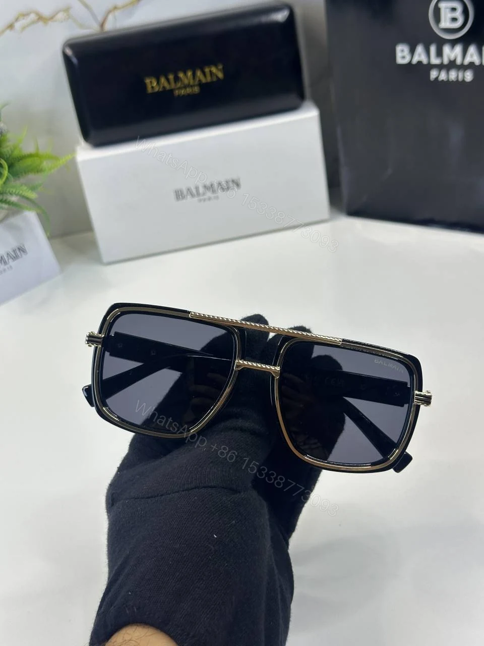 View 4 of First Copy Balmain Aviator Black Sunglasses Grey Lens Unisex UV Protection