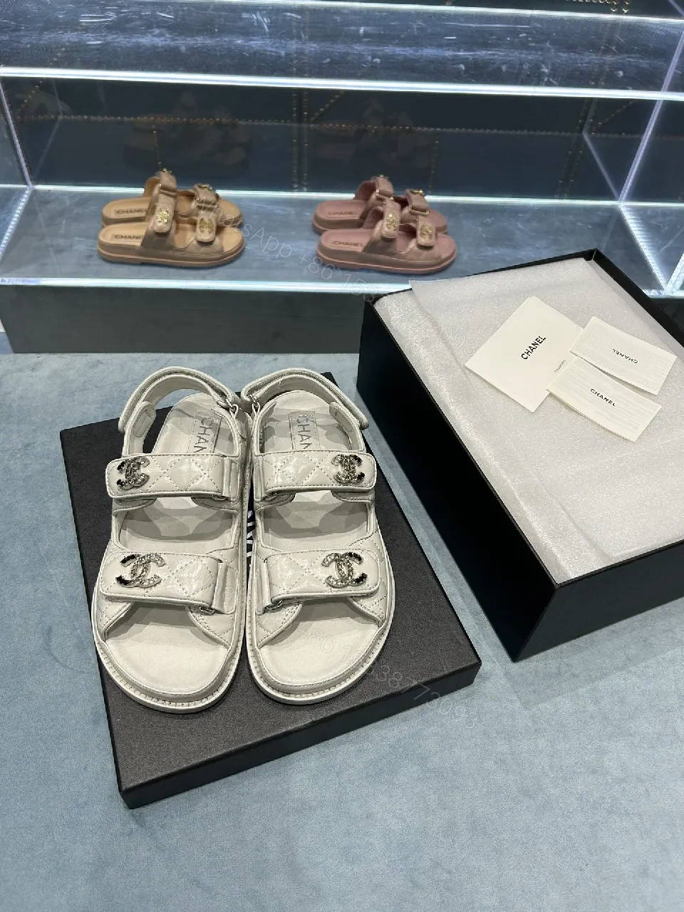 View 3 of White Quilted Leather Sandals with Crystal Accents - Lux Comfortable Sandals
