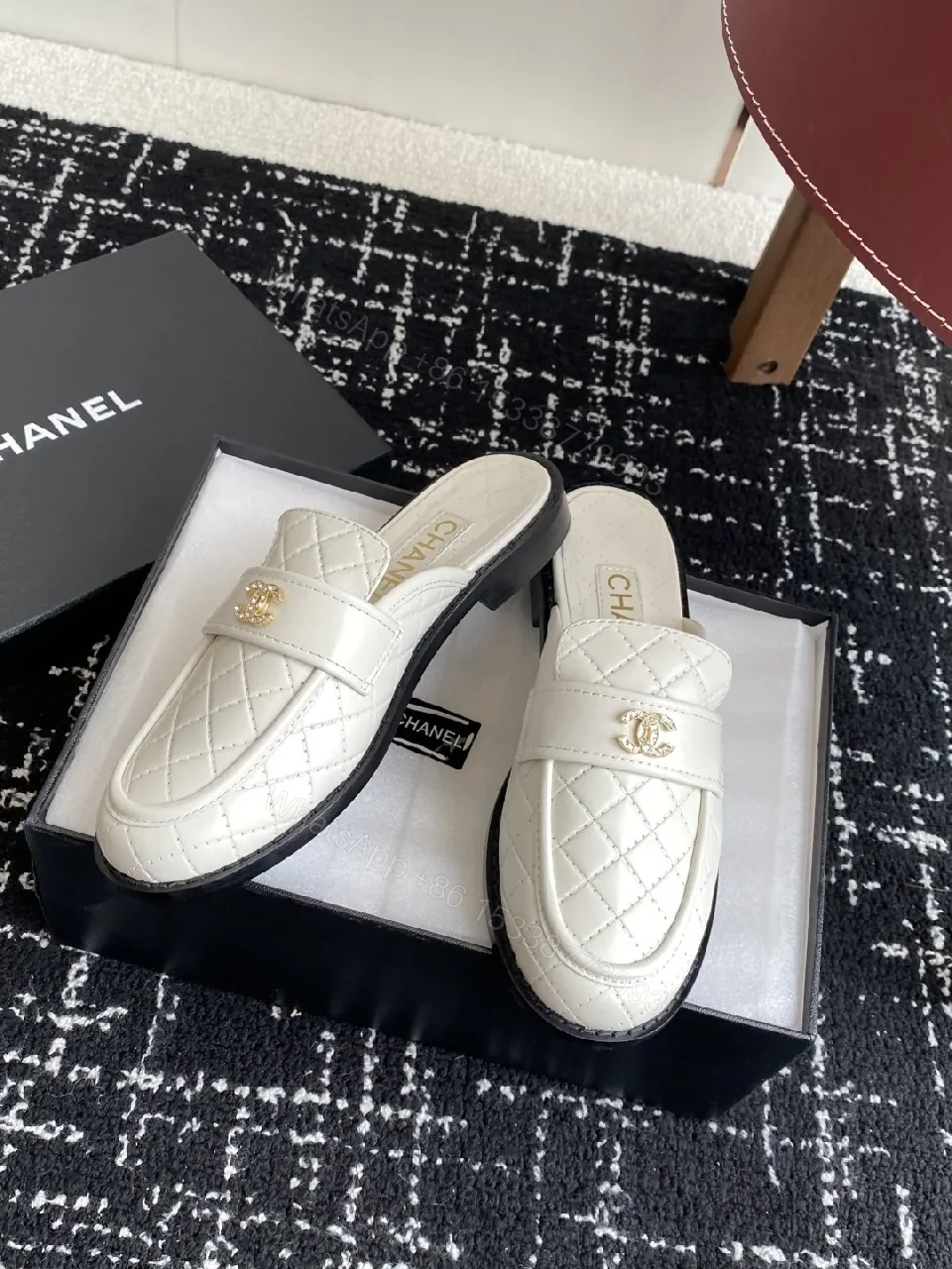 View 3 of Quilted White Leather Slides - Gold Hardware Luxury Slip-Ons