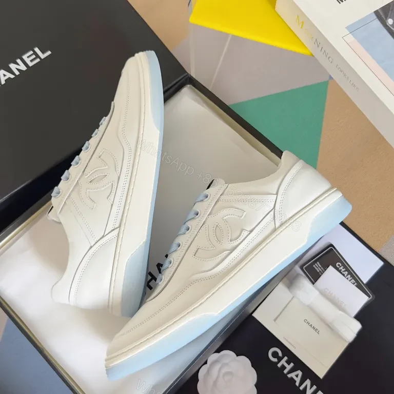 View 9 of Premium White Chanel-Style Leather Sneakers with Light Blue Laces