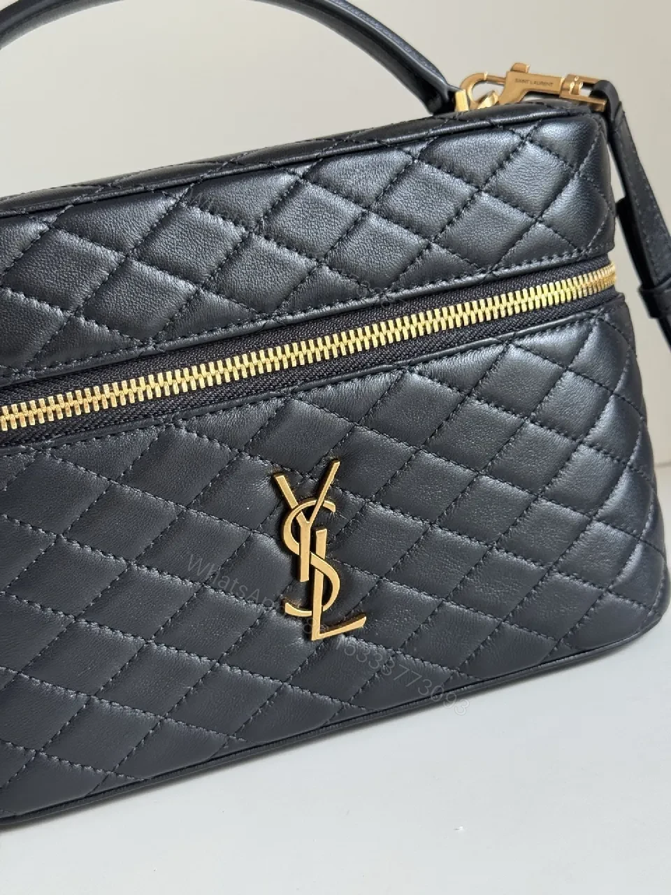 View 7 of Quilted Crossbody Bag: Black Leather, Gold-Detail, Compact Luxe