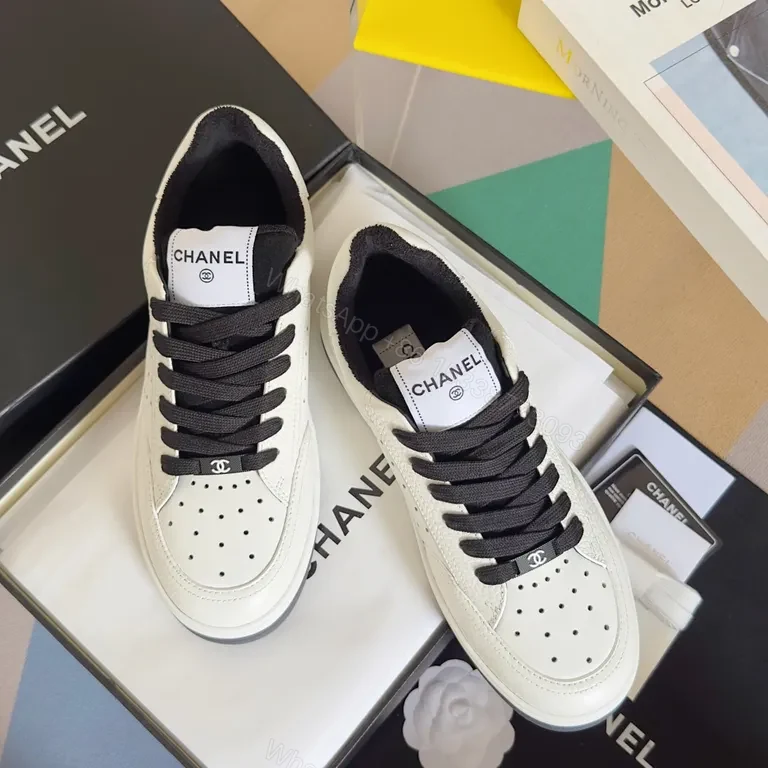 View 6 of Clean White Chanel-Inspired Court Sneakers with Bold Black Laces
