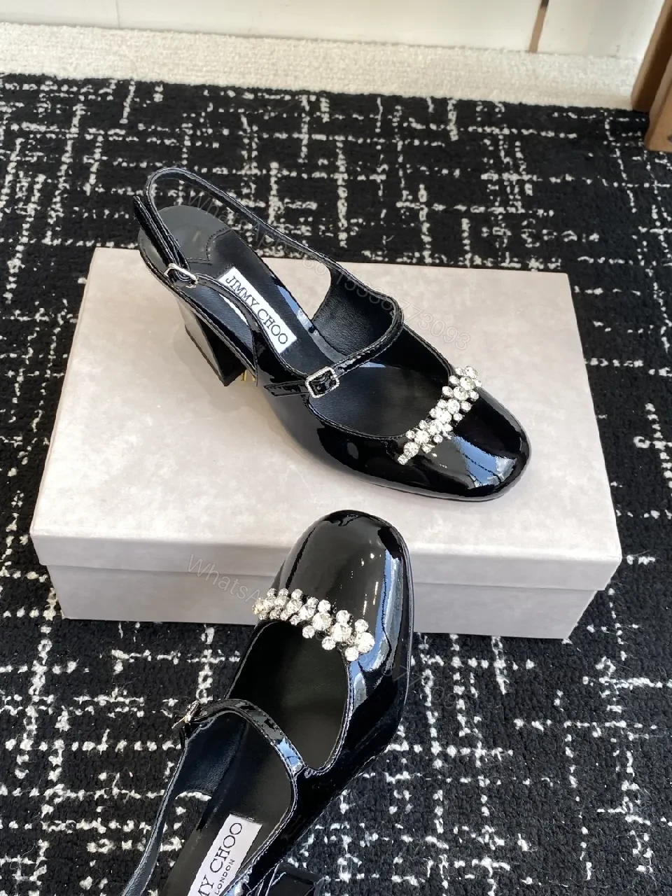 View 2 of Crystal-Embellished Black Patent Slingbacks with Adjustable Strap