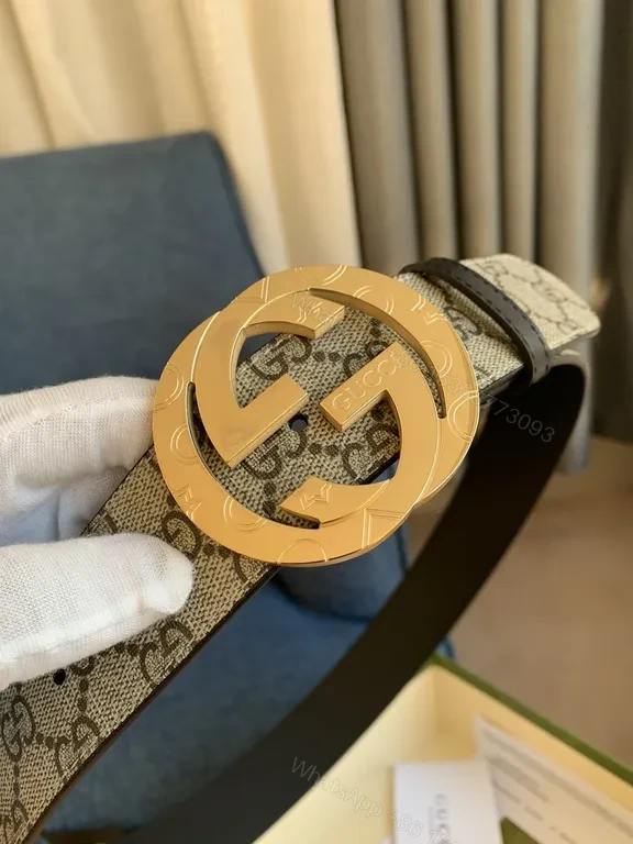 View 4 of GG Supreme Canvas Belt with Bold Gold Buckle - Luxury Designer Style belt