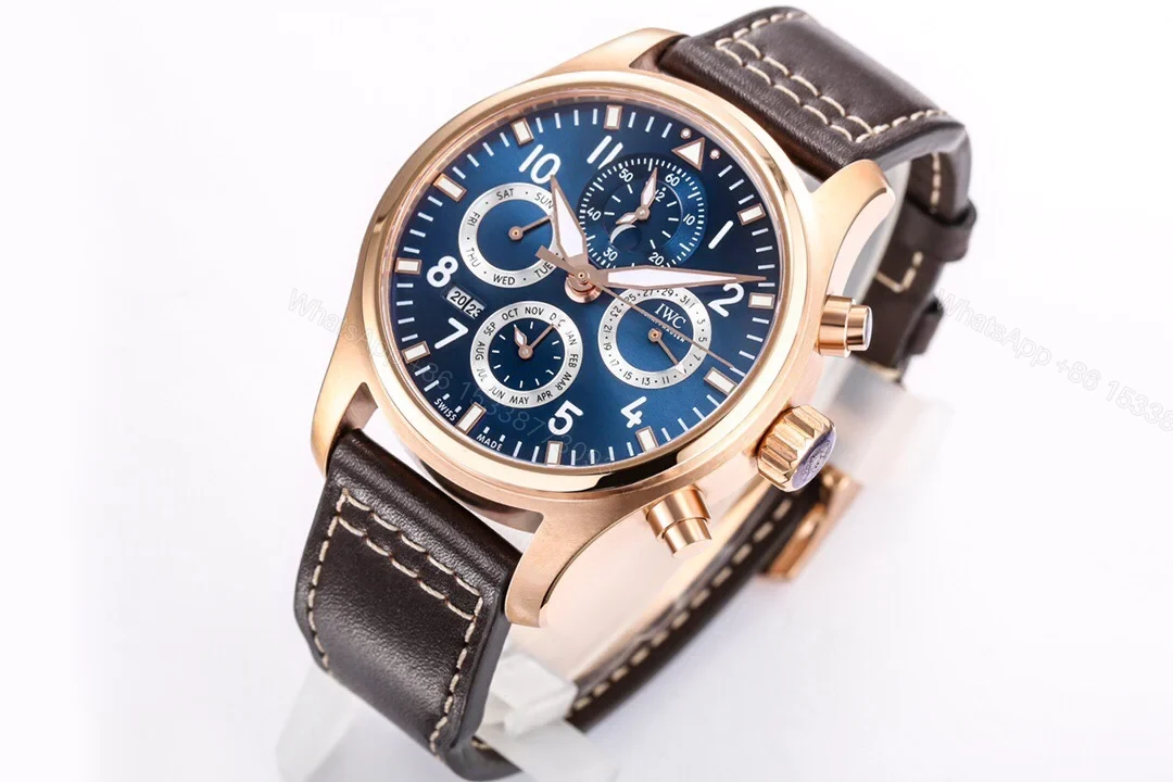 View 2 of IWC Pilot Perpetual Calendar Blue Replica 42MM Premium Rose Gold Case Brown Leather Strap Edition IWC-PILOT-PC-BLU42-RG