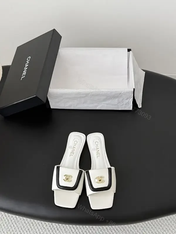 White Leather Mules - Gold Logo Hardware, Open-Back Square Toe — view 1