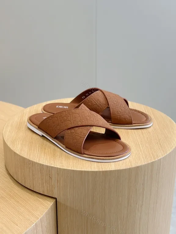 View 5 of Chic Leather Slide Sandals with Monogram Texture