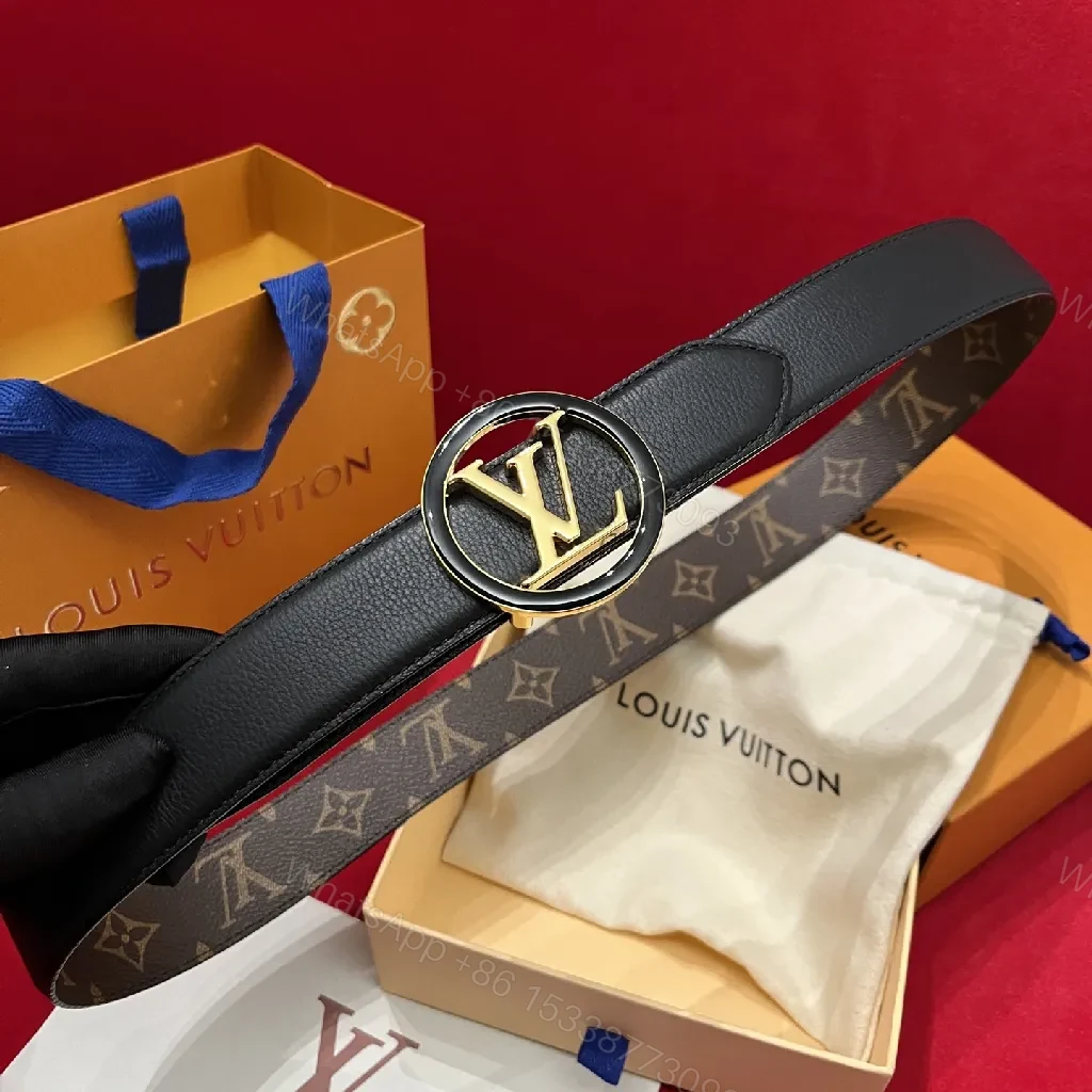 View 5 of Bold Leather Belt with Gold Logo Buckle - Premium Style Belt