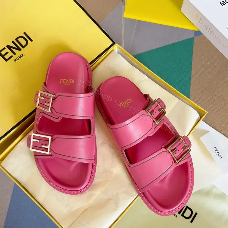 View 3 of Vivid Pink Fendi Leather Slides â€“ Bold Comfort, Elevated Casual